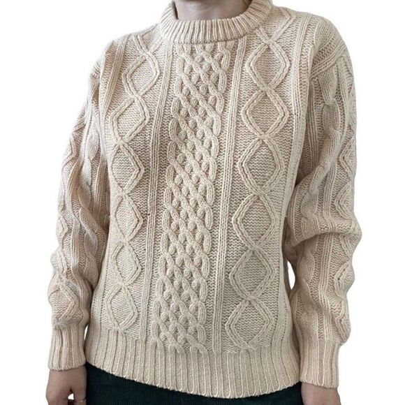 Vintage 1960s Womens Thane Cream Wool Fisherman Cable Knit Chunky Sweater Sz L - Picture 6 of 9